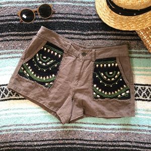 Free People Benji’s Brown Linen Embellished Shorts